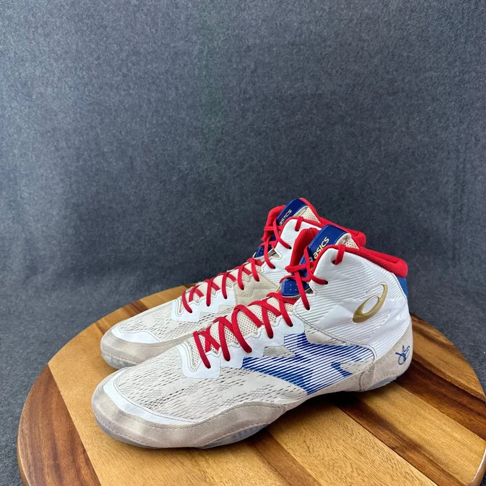 ASICS JB Elite IV Wrestling Shoes White Gold Indigo Blue 1081A016 Mens 13